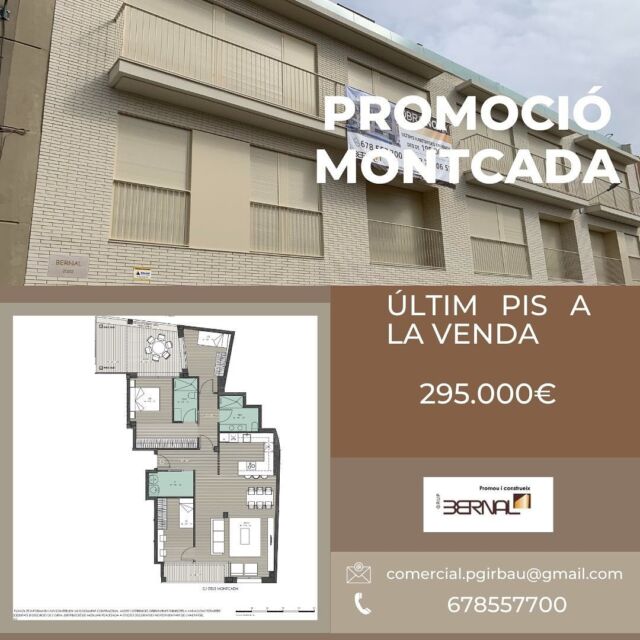 Últim pis en venda a la promoció del carrer Montcada.
Per més informació i concertar visites truca al 678557700 o contacta amb el mail comercial.pgirbau@gmail.com