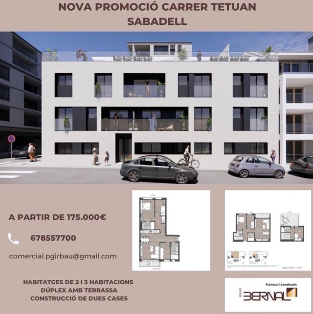 Pisos d’obra nova al carrer TETUAN de Sabadell. Nova promoció a partir de 175.000€. Dúplex invertits amb terrassa. Cases unifamiliars amb la garantia dels millors acabats. 
#obranovasabadell #construccionssabadell #vivendesobranova #pisos #pisosicases #casesunifamiliars #duplex #duplexambterrassa #construccionsbernal